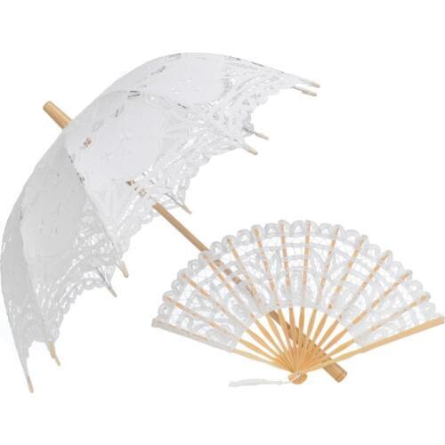 Lace Umbrella And Fan Combination Cotton Embroidery White/Ivory Lace Parasol Wedding Umbrella Decorations Free Shipping