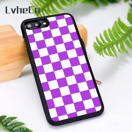 LvheCn Silicone Rubber Phone Case Cover for iPhone 6 6S 7 8 Plus X XS XR 11 12 Mini Pro Max Checkered PURPLE WHITE Checkerboard