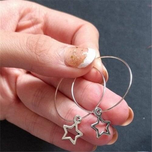 Small Star Hoop Earrings Simple Silver Color 30mm Hoops with Hollow Stars for Women Girls