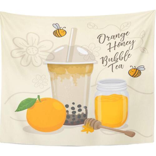 Milkshake Milk Orange Honey Bubble Tea Cup Bees Boba Cocktail Cold Tapestry Home Decor Wall Hanging for Living Room Bedroom Dorm