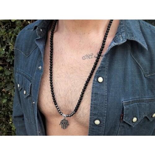 Mens Beaded Necklace*Black Onyx Necklace*Hamsa necklace*Hematite Necklace*Mens black necklace