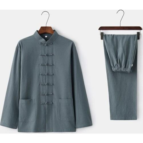 Mens Cotton Linen Solid Color Kung Fu Suit New Chinese Style Long Sleeve Shirt&Long Pants Sets Hot Sale Tai Chi Clothing