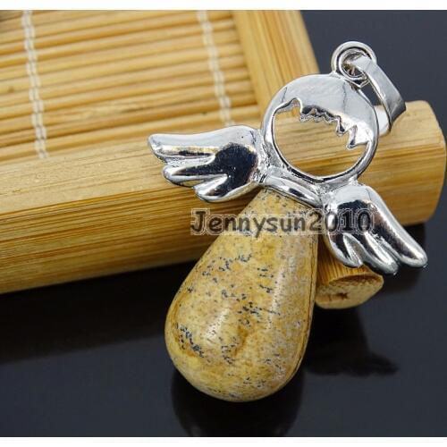 Natural Picture Ja-sper Gems Stone Angel Wing Teardrop Healing Pendant Charm Beads Silver Healing Jewelry Design 10Pcs/Pack