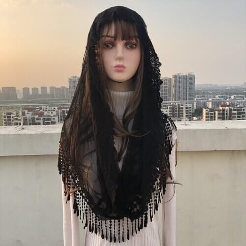 Popular NEW Black White Womens Catholic Veil Mantillas Veil Jerusalem Muslim Elegant Ladies Lace Tassel Shawl Scarf Church Cape