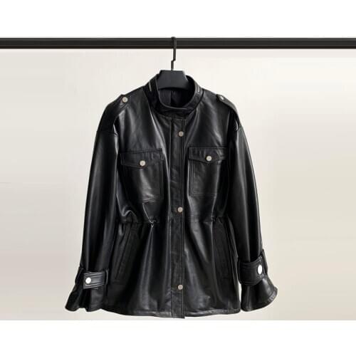 2021 New Leather Womens Middle and Long Sheep Leather Standing Collar Show Thin Korean Edition Leather Jacket Jacket Tide