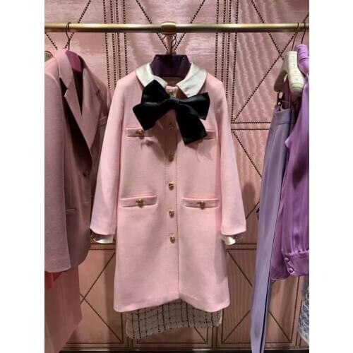 Wool size New big latest little pink fresh neckline bowknot golden coat buttons can customized big size