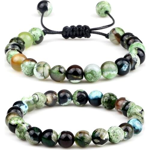 Couples Distance Beads Bracelets 8mm Fire Agates Onyx Beads Strand Bangle Natural Healing Yoga Pulsera Men Women Elastic Jewelry