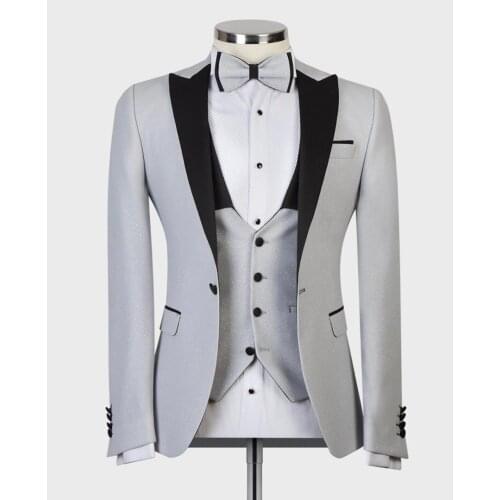 2020 Fashion Sliver Mens Suits Black Lapel Mens Blazer Slim Fit Wedding Male Groom Tuxedos suit Prom (Jacket+Pants+Vest)