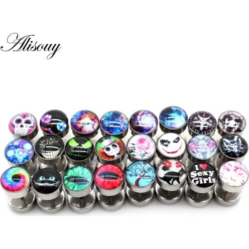 Alisouy 2Pcs 1 Pair Silver Color 24 Style Flower Skull Stainless Steel Men Ear Stud Barbell Earrings Women Ear Plugs Piercing