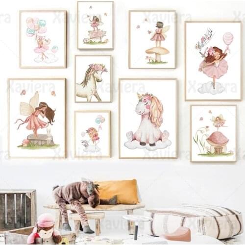 Nordic Posters And Prints Cartoon Illustration Ballet Girl Butterfly Girl Horse Canvas Painting Nursery Wall Art Baby Room Decor