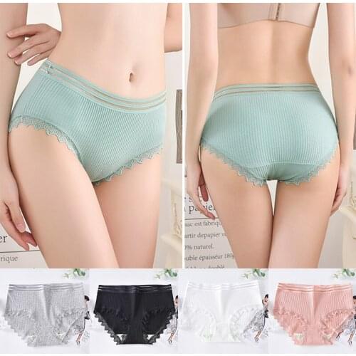 Japanese Cotton Wormwood Bottom File Glass Silk Girl Briefs, Lace Breathable Mid-waist Threaded Underwear Women Panties
