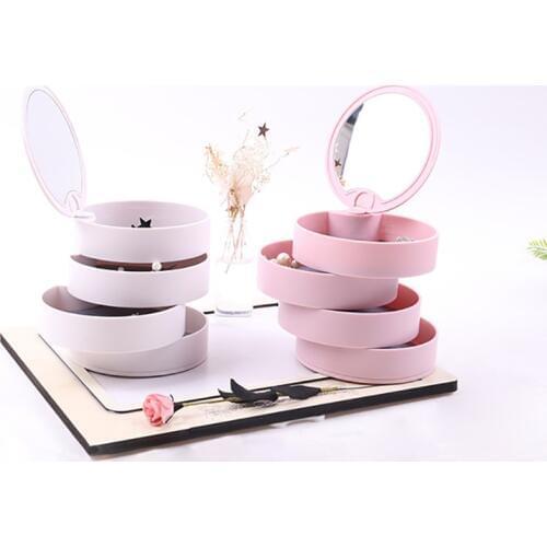 Rotating jewelry box with mirror creative ring earring necklace storage box table top small accessories jewelry shelf
