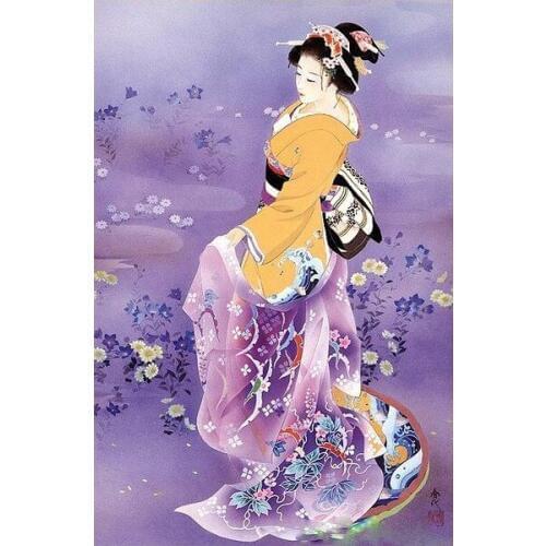 Japanese kimono lady purple people Art Needlework 14CT Canvas Unprinted Handmade Embroidery Cross Stitch Kits DIY Home Decor