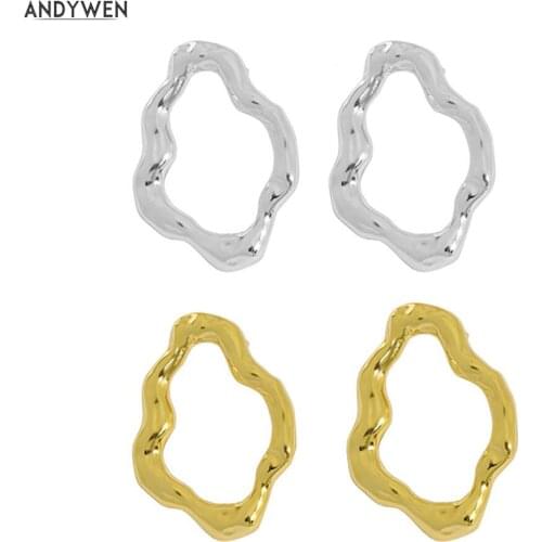 ANDYWEN 925 Sterling Silver Gold Plain Circle Stud Earring Piercing Women Rock Punk Party Clips Jewelry Gift Luxury