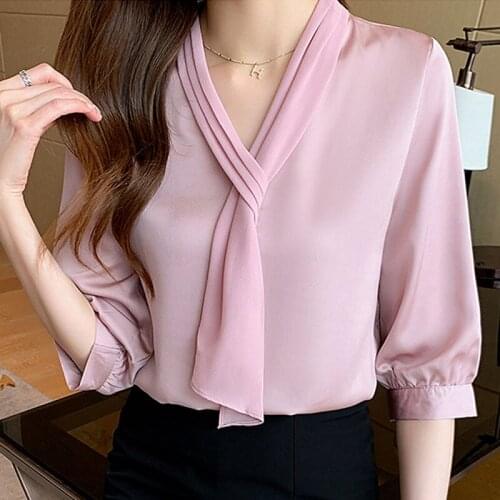 Shirt for Women Pink Short Sleeves 2021 Summer V-neck Top Female Blusas Blouses Solid Bow Chiffon Elegant Fashion Clothing 1059