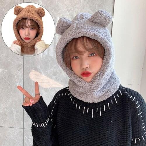 Women Winter Bear Ears Plush Warm Hat Cute Cartoon Bear Ear Solid Color Thermal Windproof Cap Scarf Neck Warmer
