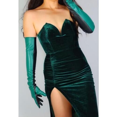 Womens runway fashion sexy slim faux pu leather glove ladys club performance formal party contrast color long glove 60cm R3091