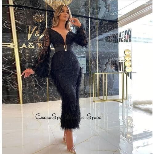 Elegant Black Feather Lace Cocktail Dresses Long Pagoda Sleeve Deep V Neck Ankle Length Short Prom Gown Formal PartyDresses