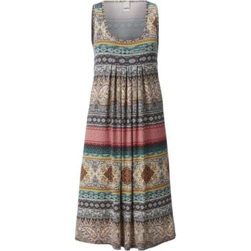 Women New Bohemian O-Neck Sleeveless A-Line Swing Dress 2021 Summer Fashion Casual Tunic Plus Size Knee Length Loose Sundress