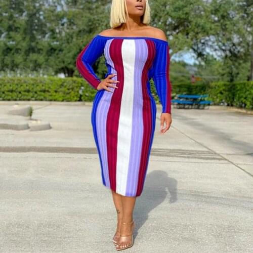 Elegant Dress Women For Wedding Party Midi Striped Print Bodycon Off The Shoulder Mid Calf Fashion Evening Night Dinner Vestidos