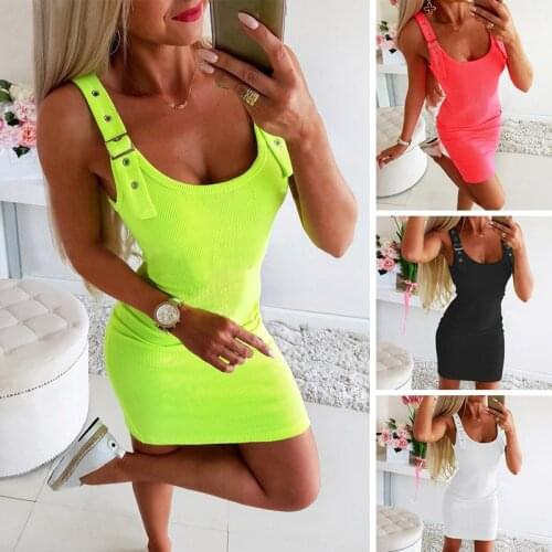 Women Mini Dress 2020 Summer Ribbed Knit Square Neck Sleeveless Solid Color Sexy Lady Party Club Bodycon Short Dresses Vestidos