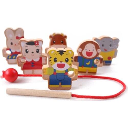 6pcs Colorful Tiger Rabbit Beads Toys Children Wooden Doll Toys Various Mini Animal Beads Children Educational Game For Kids