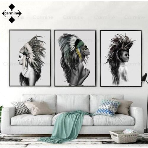 Indian Woman Canvas Print Abstract Feather Poster and Print Modern Black White Wall Art Pictures for Living Room Decor Frameless
