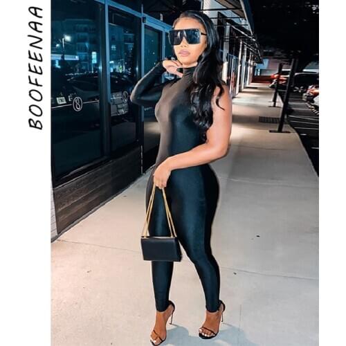 BOOFEENAA Sexy One Long Sleeve Bodycon Jumpsuit Women Winter 2020 Clubwear All Black One Piece Outfits Romper C85-BG27