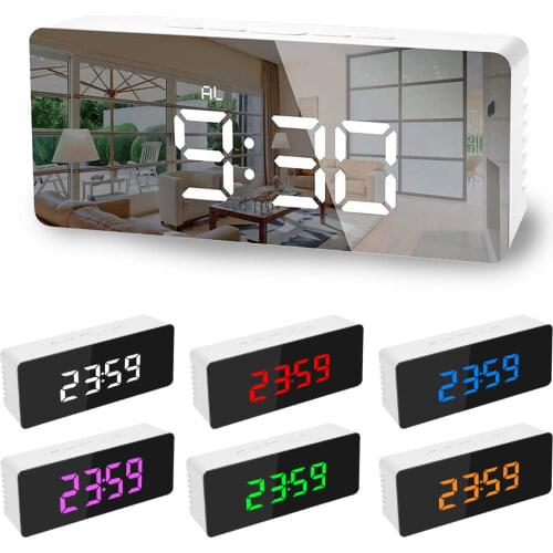 5Fuctions Button Digital Mirror LED Display Alarm Clock Desk Clock Temperature Calendar Snooze Function with USB 1pc 14x50x3.4cm