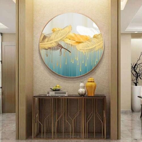 Home Decor Feather Canvas Painting Modular Gold Beautiful Round Poster Modern Wall Art Prints Pictures For Living Room No Framed