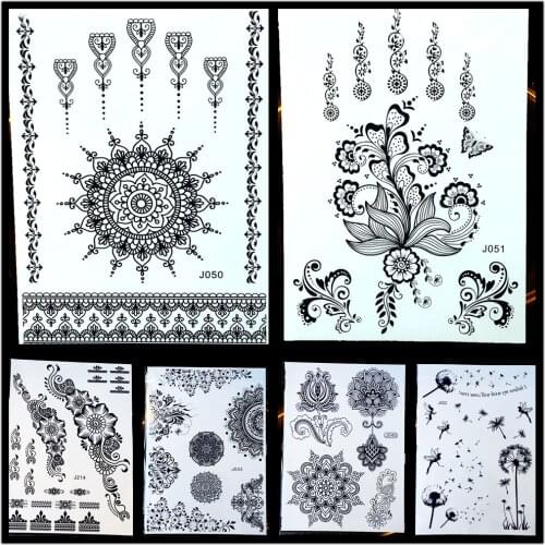 GoldOcean Yantra Mandala Black Temporary Tattoo Henna Paste Waterproof Fake Tattoo Sticker Women Lace Flower Finger Tribal Tatoo