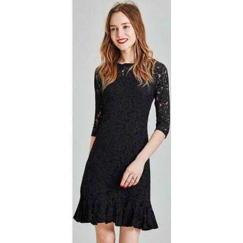 HAVVA 2020 Summer New Solid Colour See-through Car Bone Lace Mid-sleeve Petal-collar Dress Q48860