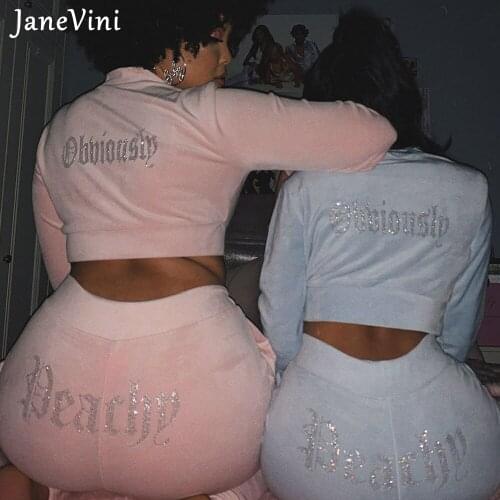 JaneVini Women Fashion Velvet Letter Beaded Jackets Two Piece Set Long Sleeve Crop Top+Pants Tracksuits Female Casual Fall Sets