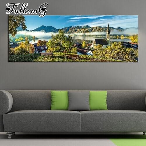 FULLCANG diy 5d full square diamond embroidery schliersee large mosaic canvas painting village scenery home decoration FC2178