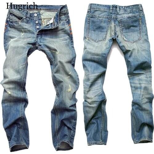 Fashion Mens Light Blue Distressed Washed Denim Jeans Vintage Straight Slim Fit Hommes Cowboys Trousers Button Male Jean Pants
