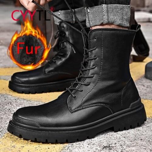 CYYTL 2021 Winter Men Motorcycle Boots Fashion Lace-up Leather Ankle Fur Lined Keep Warm Mid Shoes Waterproof Casual Botines