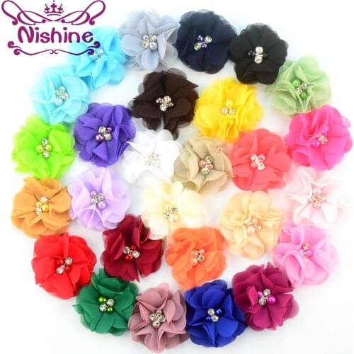 Nishine 20pcs/lot 2" Chiffon Flower With Pearl Rhinestone Center Sew Flower For Girl Headband Hair Clip DIY Hair Accessories