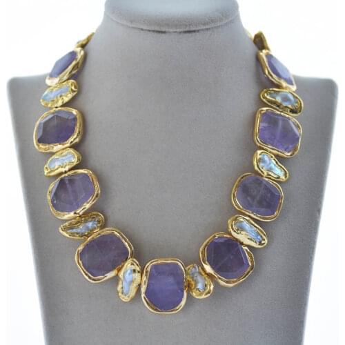 Z11097 19" 30mm Lavender Amethyst White Biwa Pearl Gold plated Necklace