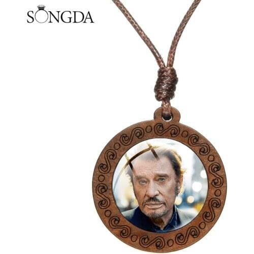 Rock Singer Johnny Hallyday Charm Necklace Celebrity Periphery Jewelry Men Women Retro Wooden Pendant Rope Chain Choker