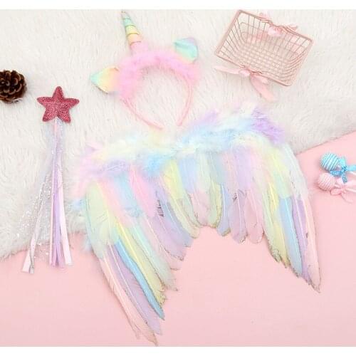 Pastel Rainbow Feather Unicorn Wings,Kids Birthday Party Wings,Fairy Wings,Kids Halloween Costume,Angle Feather Costumes
