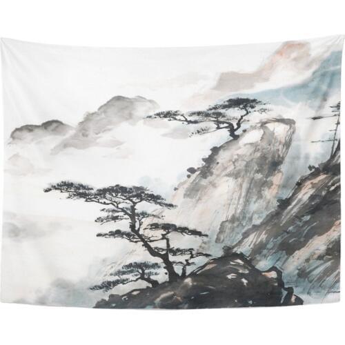 Print 60x80 Inches Pink Japanese Chinese Landscape Painting China Ink Mountain Tree Garden Brush Wall Hangings Tapestry Home