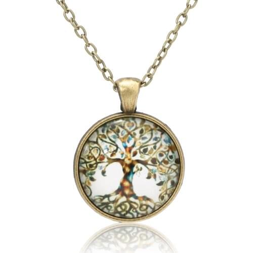 Tree Of Life Necklace Vintage Glass Cabochon Round Pendant Necklace Women Statement Sweater Chain Bronze Necklace Jewelry
