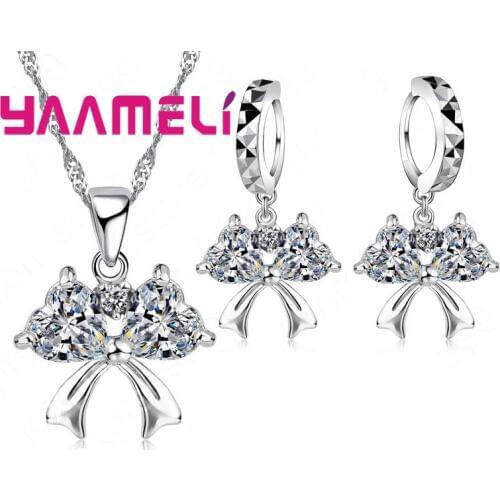 Romantic Shiny Butterfly Pendant Necklace Dangle Earring Fro Women Girls 925 Sterling Silver Crystal Jewelry Set Wholesale Hot