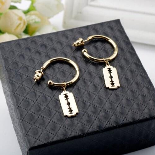 New Razor Blade Earrings Stainless Steel Gold Color Charm Drop Earring Women Men Punk Jewelry Hip Hop Dangle Earings