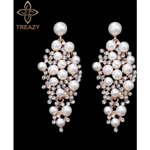 TREAZY Gold Color Bridal Drop Earrings Simulated Pearl Crystal Statement Earrings for Women Wedding Party Jewelry Gift