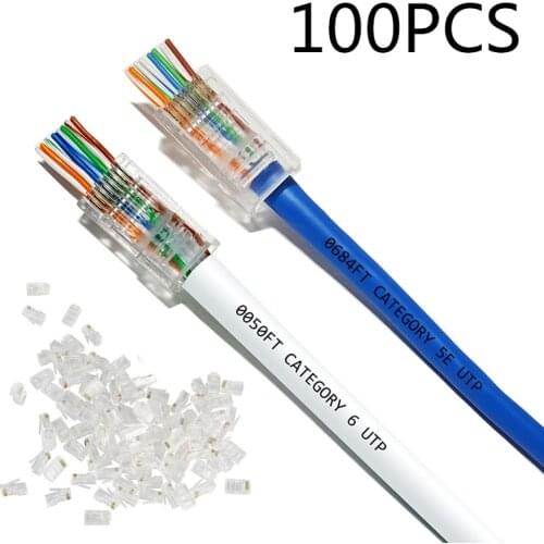 100pcs/Lot RJ45 Network Modular Plug 8P8C CAT5e CAT6 Cable Connector End Pass Through