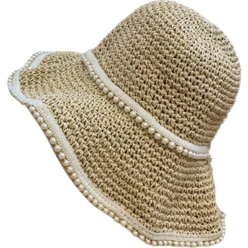 066F Girls Straw Sun Cap Peal Brim Bucket Lightweight Braided Hat Adjustable Sun Hats Charming Lady Daily Accessory