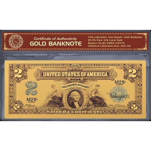 USA 1899s Gold Plated Banknote Two Siliver Dollars Banknote in 24k Gold Usd Money Fake Money Bill For Gift and Collection