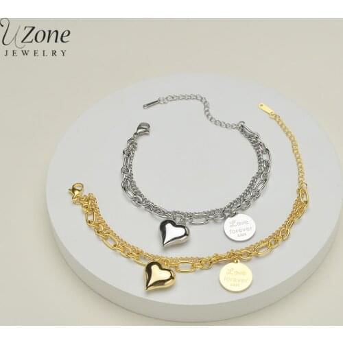 UZone Romantic Stainless Steel Bracelets Heart Round Pendant Double Chain Bracelet for Woman Jewelry Birthday Gift Freeshipping
