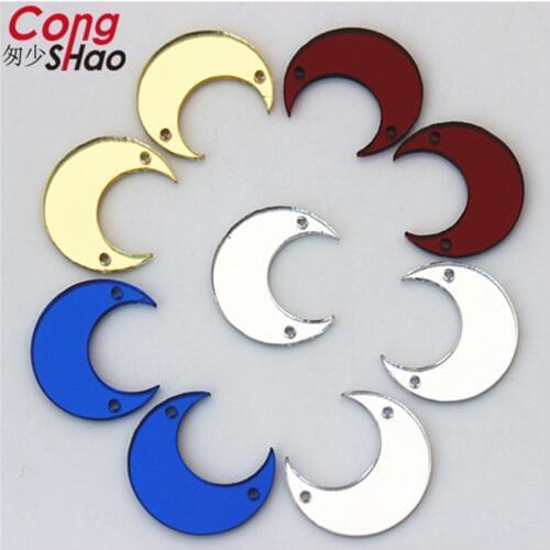 Cong Shao 20mm 20Pcs Top Quality Moon mirror sew on rhinestones with holes flat back Acrylic Sew-on Stone for costume trim 8Y778